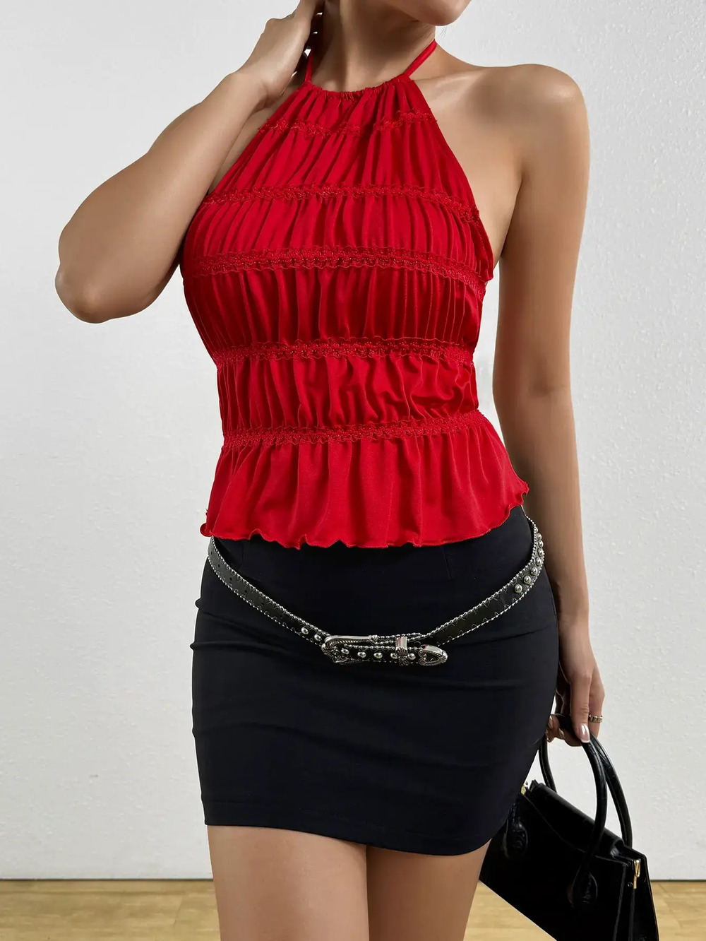 Zara Solid Color Ruffle Halter Backless Lace Up Summer Top